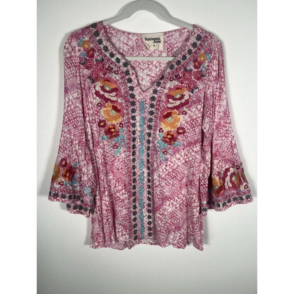 Savanna Jane pink floral embroidered bohemian bell sleeve tunic blouse M hippie